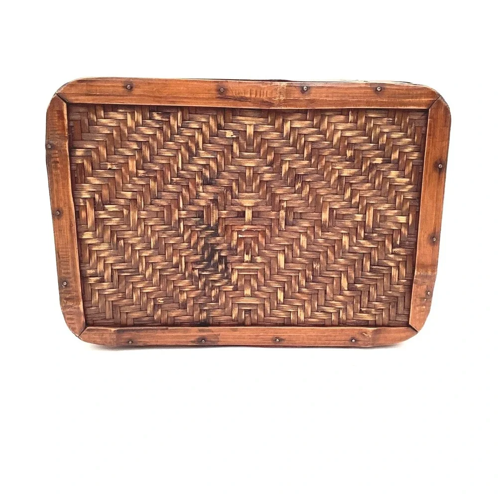 Vintage Woven Bamboo Wood Storage Box Brown‎ Wicker Suitcase Boho Coastal